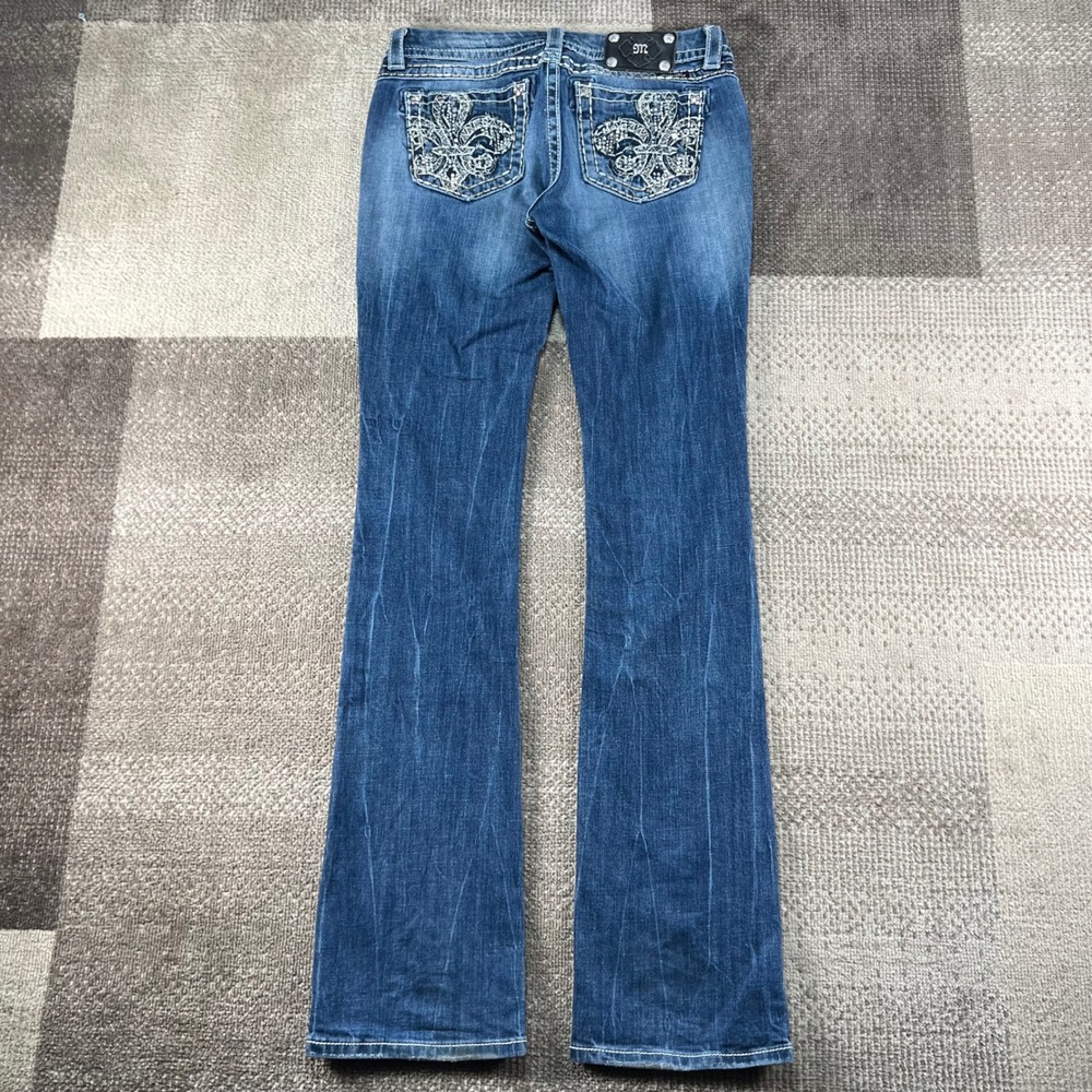 Miss Me Slim Bootcut Jeans Size 30 Dark Wash Fleur De Lis Y2K Whiskered Low Rise